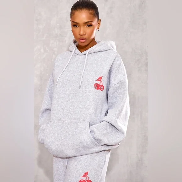 Pretty Little Thing GREY MARL CHERRY PRINT OVERSIZED HOODIE - Picture 3 of 12
